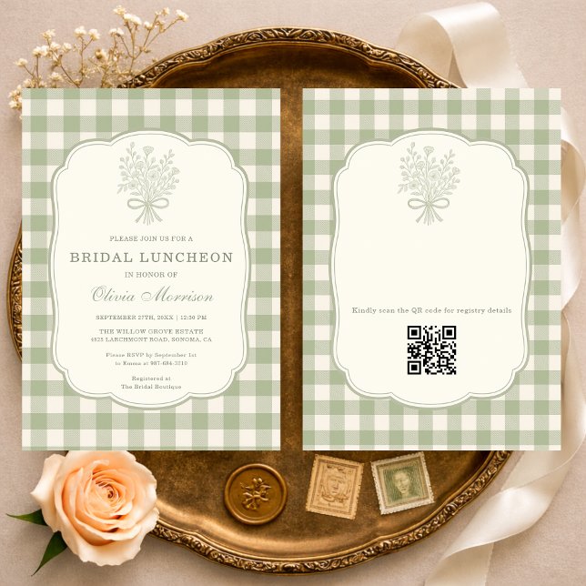 Gingham Floral Bow Bridal Luncheon QR Code Invitation (Creator Uploaded)