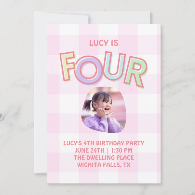 gingham FOUR fourth birthday invitation for girls (Front)