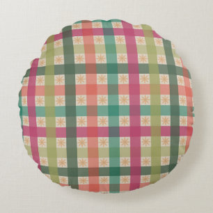 Gingham & Geometric Flowers Pattern Round Pillow