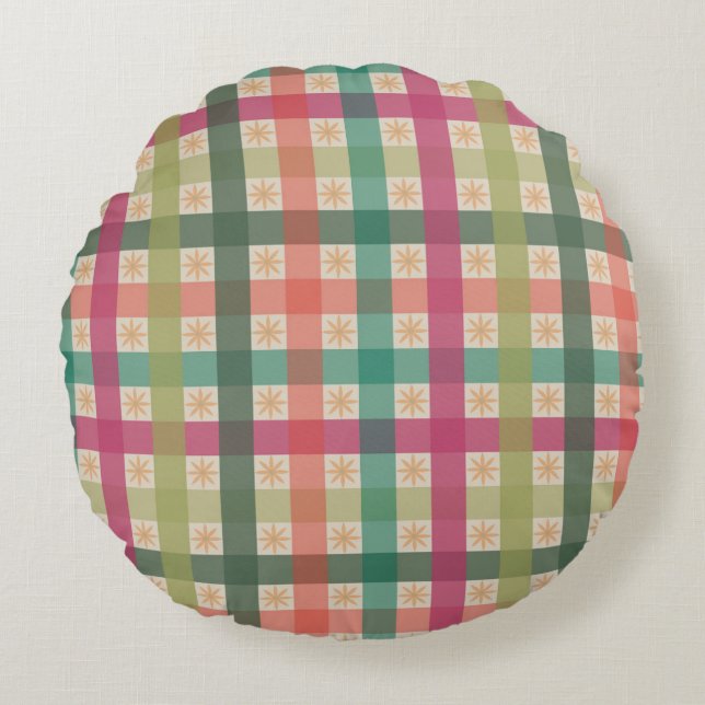 Gingham & Geometric Flowers Pattern Round Pillow  (Front)