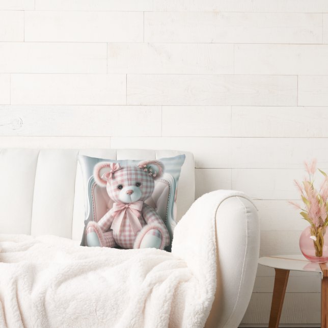 Gingham  Girly Teddy Bear On a Chair Throw Pillow (Couch)