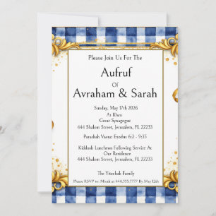 Gingham Gold Blue White, Aufruf Jewish, Luxury Invitation