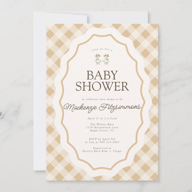 Gingham Goose Twin Baby Shower Invitation (Front)