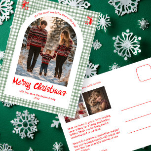Gingham Green Red Christmas Custom Arch 3 Photo Holiday Postcard