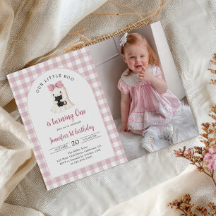 Gingham Halloween Ghost Girl 1st Birthday Photo Invitation