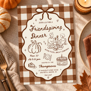 Gingham Hand Drawn Friensdgiving Dinner Party Invitation