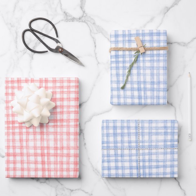 Gingham Hand-Drawn Modern Cute Blue Red Picnic Wrapping Paper Sheet (Front)