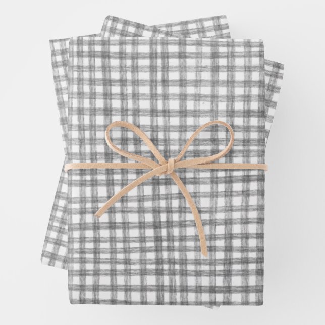 Gingham Hand-Drawn Modern Cute Grey White Preppy Wrapping Paper Sheet (In situ)