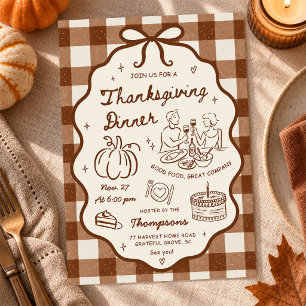 Gingham Hand Drawn Thanksgiving Dinner Party Invitation
