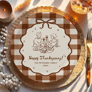 Gingham Hand Drawn Thanksgiving Dinner Party Paper Plate