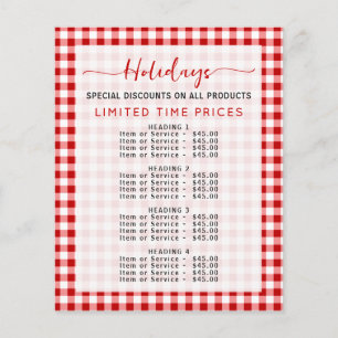 Gingham Holiday Special Christmas Price List Menu