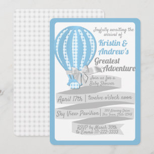 Gingham Hot Air Balloon Blue Baby Shower Invitation