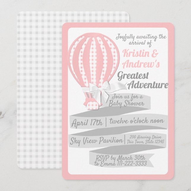Gingham Hot Air Balloon Pink Baby Shower Invitation (Front/Back)