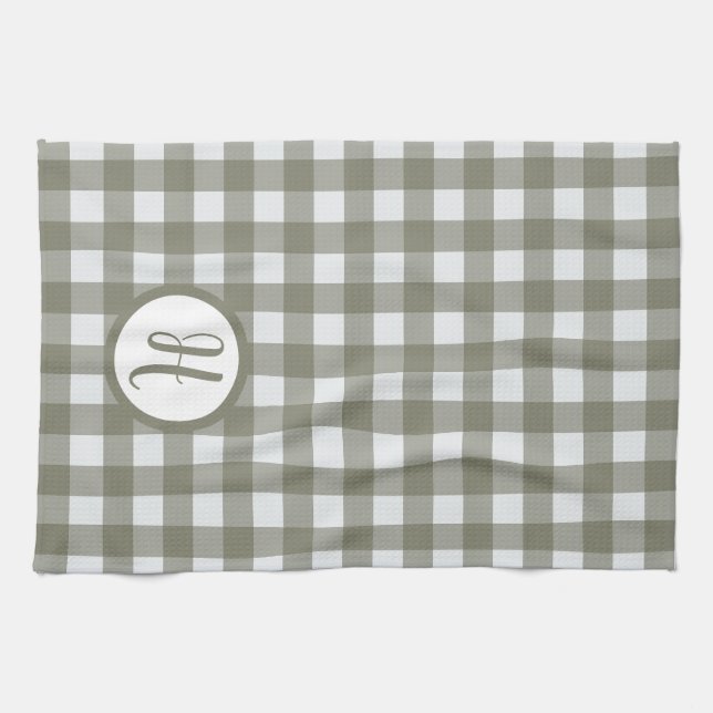Gingham Initial Monogram Sage Green Checks Kitchen Towel (Horizontal)