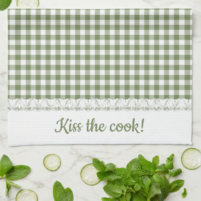 Gingham Lace and Name in Highland Green Kitchen Towel (Folded)