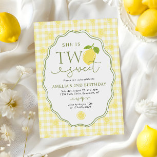 Gingham Lemon Citrus Themed 2nd Birthday Invitation