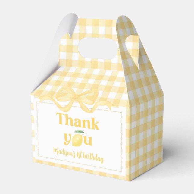 Gingham Lemon Themed 1st Birthday Favor Box (Front Side)