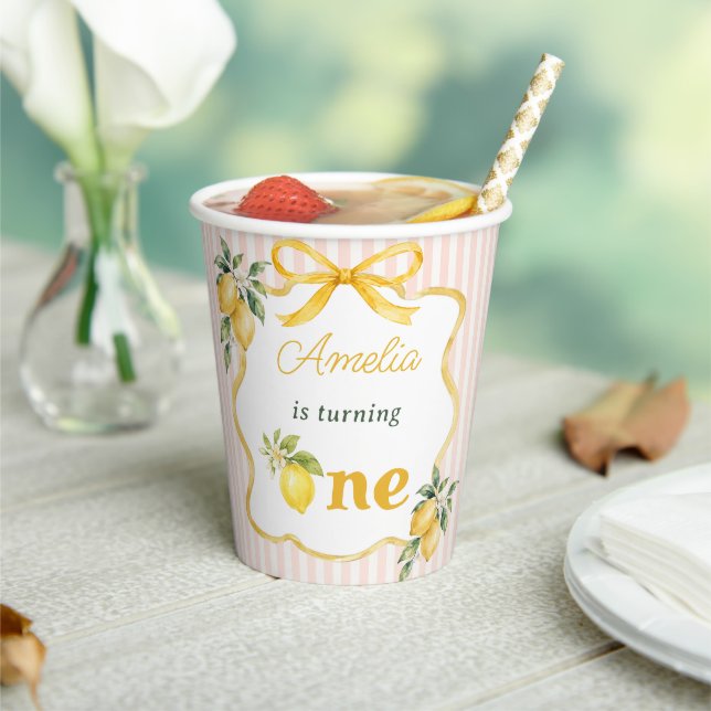 Gingham Lemon Themed 1st Birthday Paper Cups (Insitu)