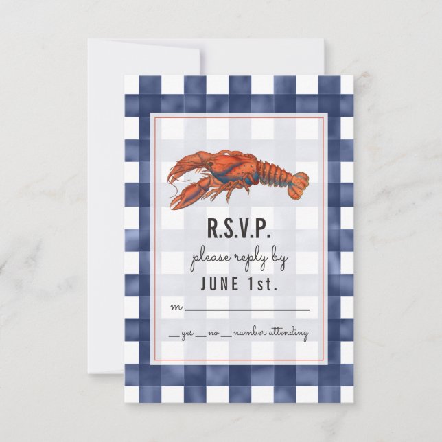 Gingham Lobster Rustic Wedding RSVP (Front)