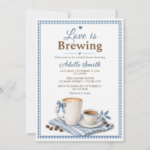 Gingham Love Is Brewing Blue Coffee Bridal Shower Invitation