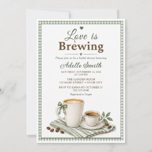 Gingham Love Is Brewing Sage Coffee Bridal Shower Invitation