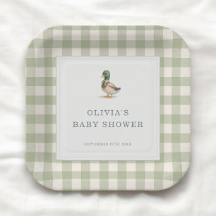 Gingham Mallard Duck Baby Shower Party Paper Plate