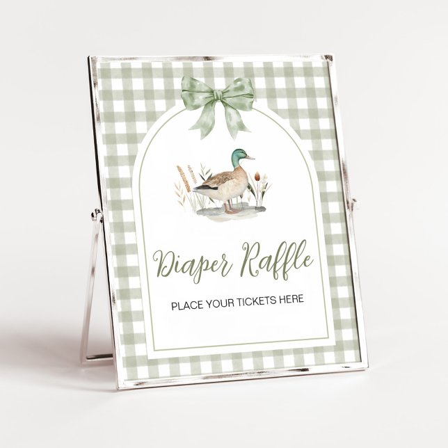 Gingham Mallard Duck BabyShower Diaper Raffle Sign (Sage Green Gingham Mallard Duck Hunting Country Baby Shower Sign)