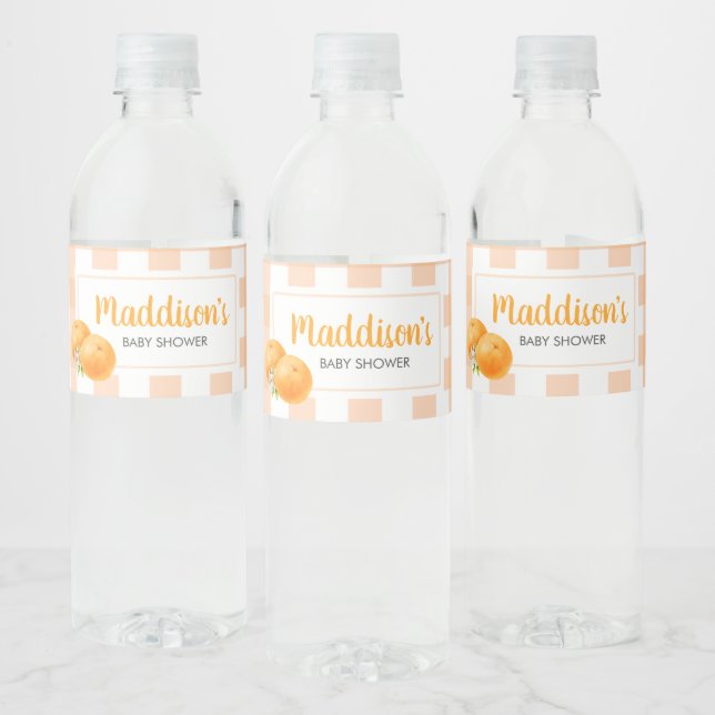 Gingham Orange Baby Shower Water Bottle Label (Bottles)
