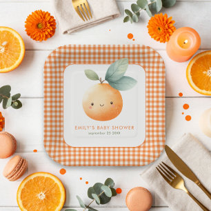 Gingham Orange Girl Little Cutie Baby Shower Paper Plate
