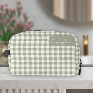 Gingham Pattern Cottagecore Boho Beige Sage Name Dopp Kit