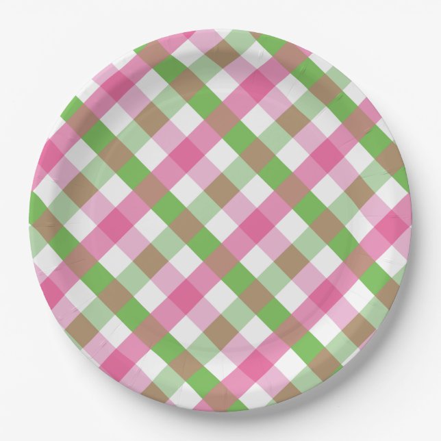 Gingham Pattern Green and Pink Paper Plate (Front)