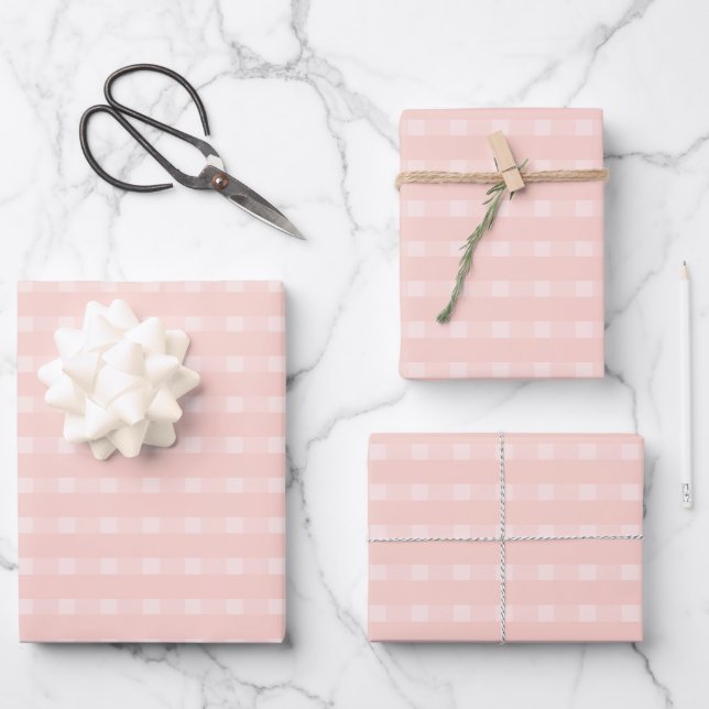 Gingham Pattern In Blush Pink And Pastel Peach Wrapping Paper Sheet (Front)