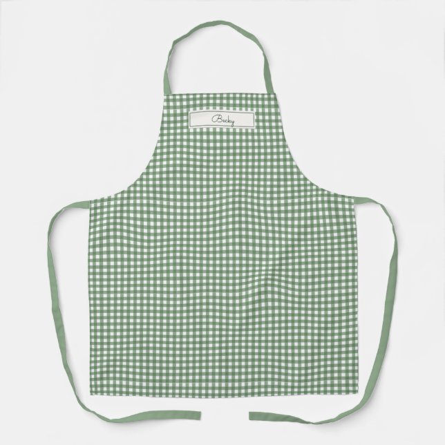 Gingham Pattern in Green with Name Apron (Front)