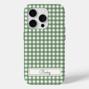 Gingham Pattern in Green with Name iPhone 15 Pro Case