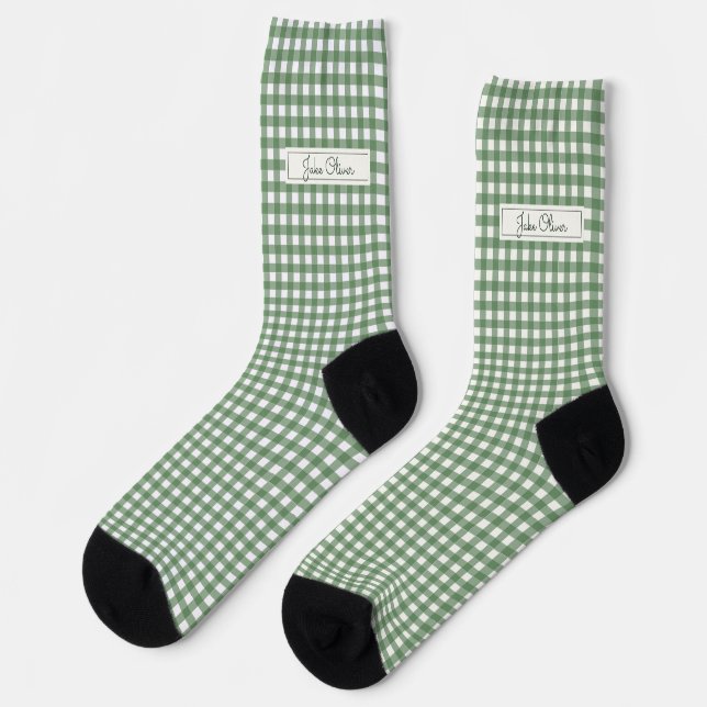 Gingham Pattern in Green with Name Socks (Left)