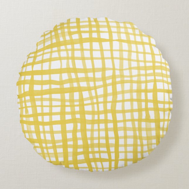 Gingham pattern in yellow round pillow (Front)
