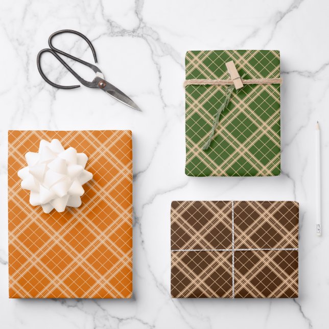Gingham Pattern On Forest Green Orange Dark Brown Wrapping Paper Sheet (Front)