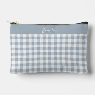 Gingham Pattern Plaid Preppy Check Blue White Name Accessory Pouch