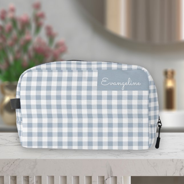Gingham Pattern Plaid Preppy Check Blue White Name Dopp Kit (Creator Uploaded)