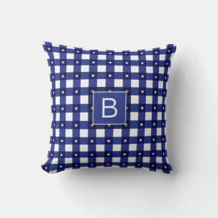 Gingham Pattern Stars Blue White Custom Monogram Throw Pillow