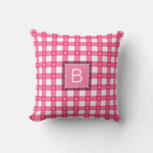 Gingham Pattern Stars Pink White Custom Monogram Throw Pillow