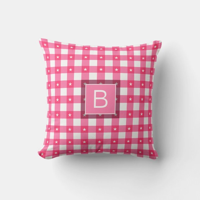 Gingham Pattern Stars Pink White Custom Monogram Throw Pillow (Front)