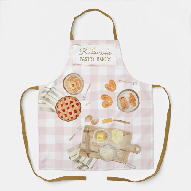 Gingham Pattern Watercolor Pastries Baking Bakery Apron (Front)