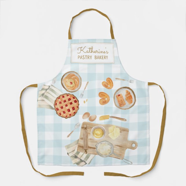 Gingham Pattern Watercolor Pastries Baking Bakery Apron (Front)