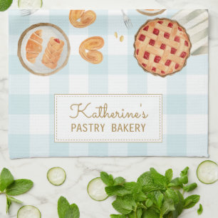 Gingham Pattern Watercolor Pastries Baking Bakery Kitchen Towel