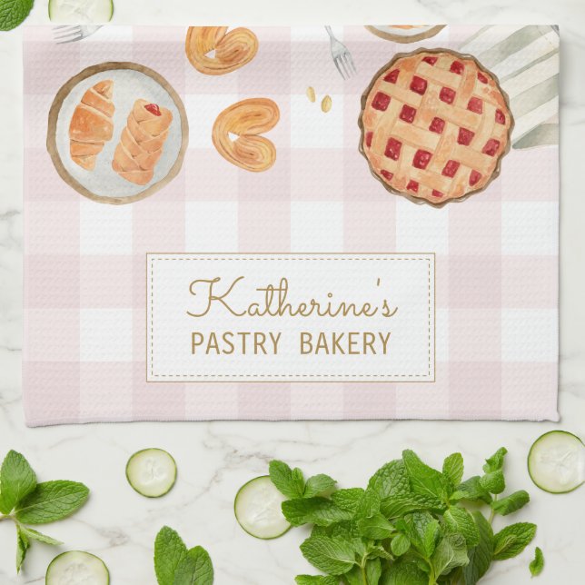 Gingham Pattern Watercolor Pastries Baking Bakery Kitchen Towel (Folded)