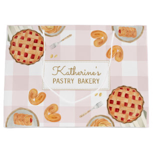 Gingham Pattern Watercolor Pastries Baking Bakery Large Gift Bag