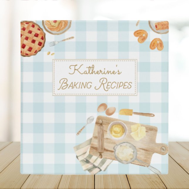 Gingham Pattern Watercolor Pastries Baking Recipe Binder (Close up)