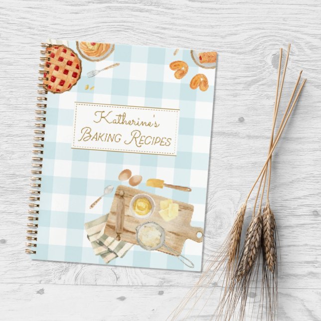 Gingham Pattern Watercolor Pastries Baking Recipe Notebook (Close up)