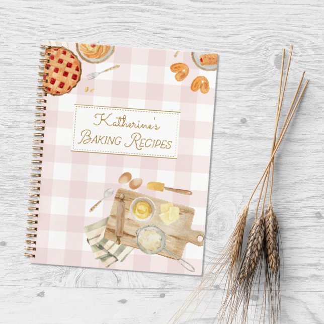Gingham Pattern Watercolor Pastries Baking Recipe Notebook (Close up)